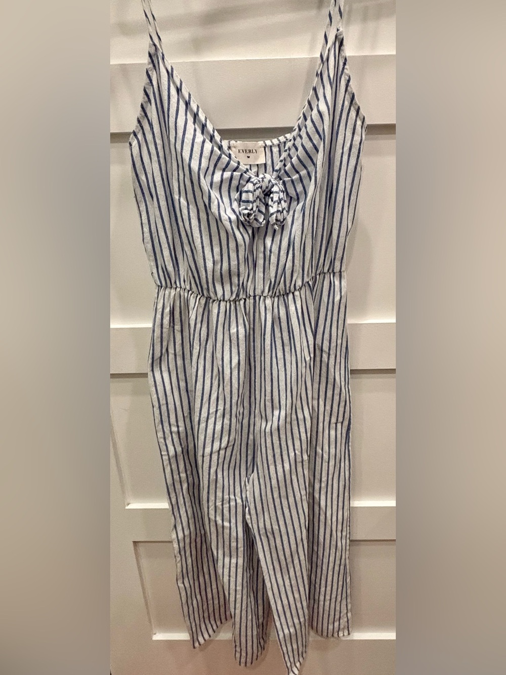Everly White and Navy Vertical-Stripe Women’s Jumpsuit